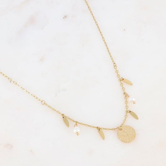 Collier avec pastille martelée, pampilles géométriques et perles d'eau douce (38+5CM)