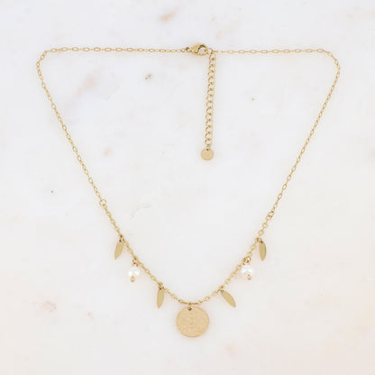 Collier avec pastille martelée, pampilles géométriques et perles d'eau douce (38+5CM)