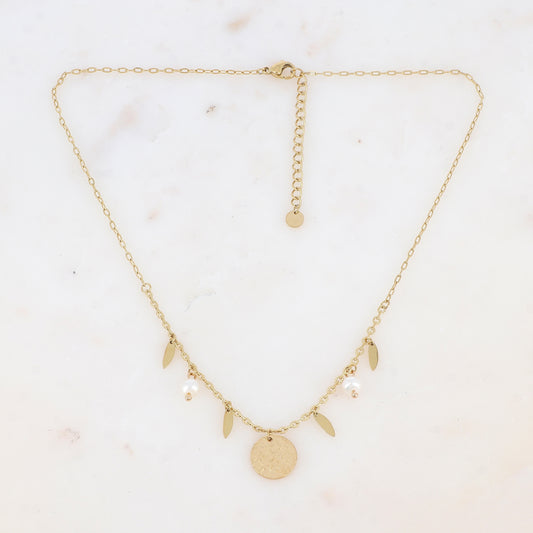 Collier avec pastille martelée, pampilles géométriques et perles d'eau douce (38+5CM)