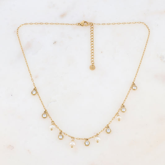 Collier avec perles d'eau douce et oxydes de zirconium (38+5CM)