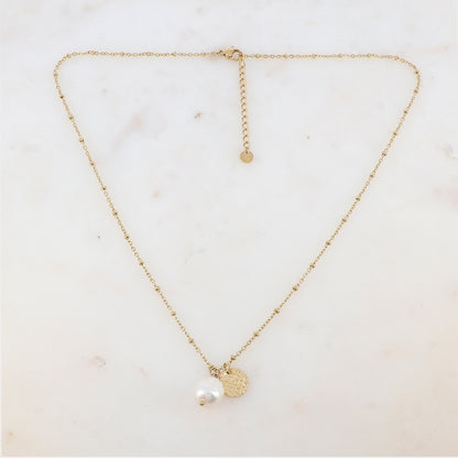 Collier avec perle d'eau douce et pastille martelée (45+5CM)