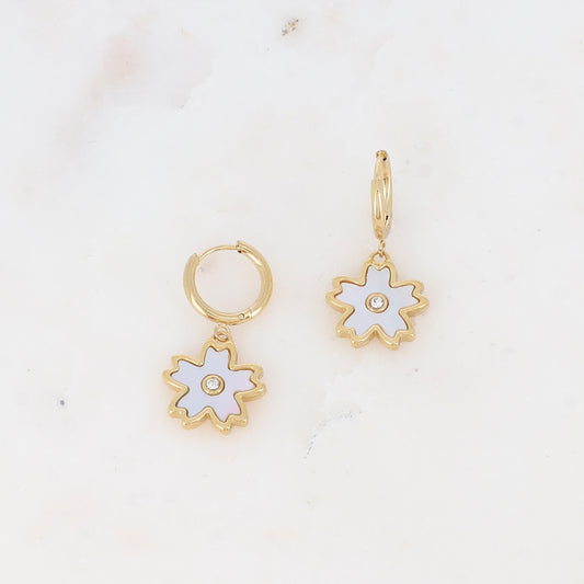 Créoles avec fleur en nacre 1,4 x 2,8 cm.