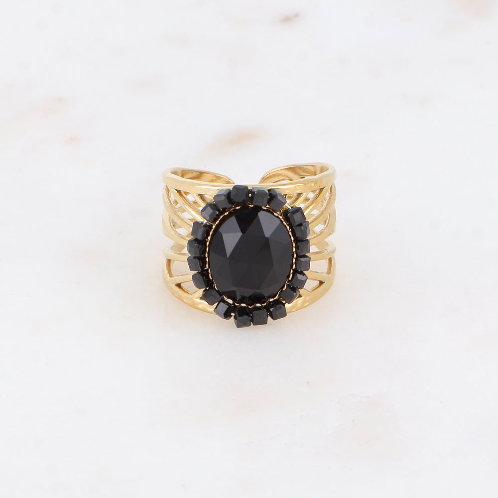 Bague ajourée avec des perles en pierre naturelle - Onyx