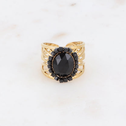 Bague ajourée avec des perles en pierre naturelle - Onyx