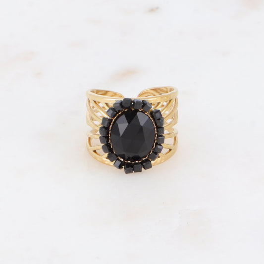 Bague ajourée avec des perles en pierre naturelle - Onyx
