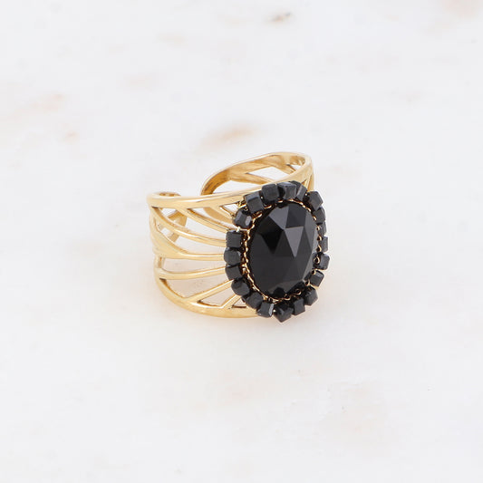 Bague ajourée avec des perles en pierre naturelle - Onyx