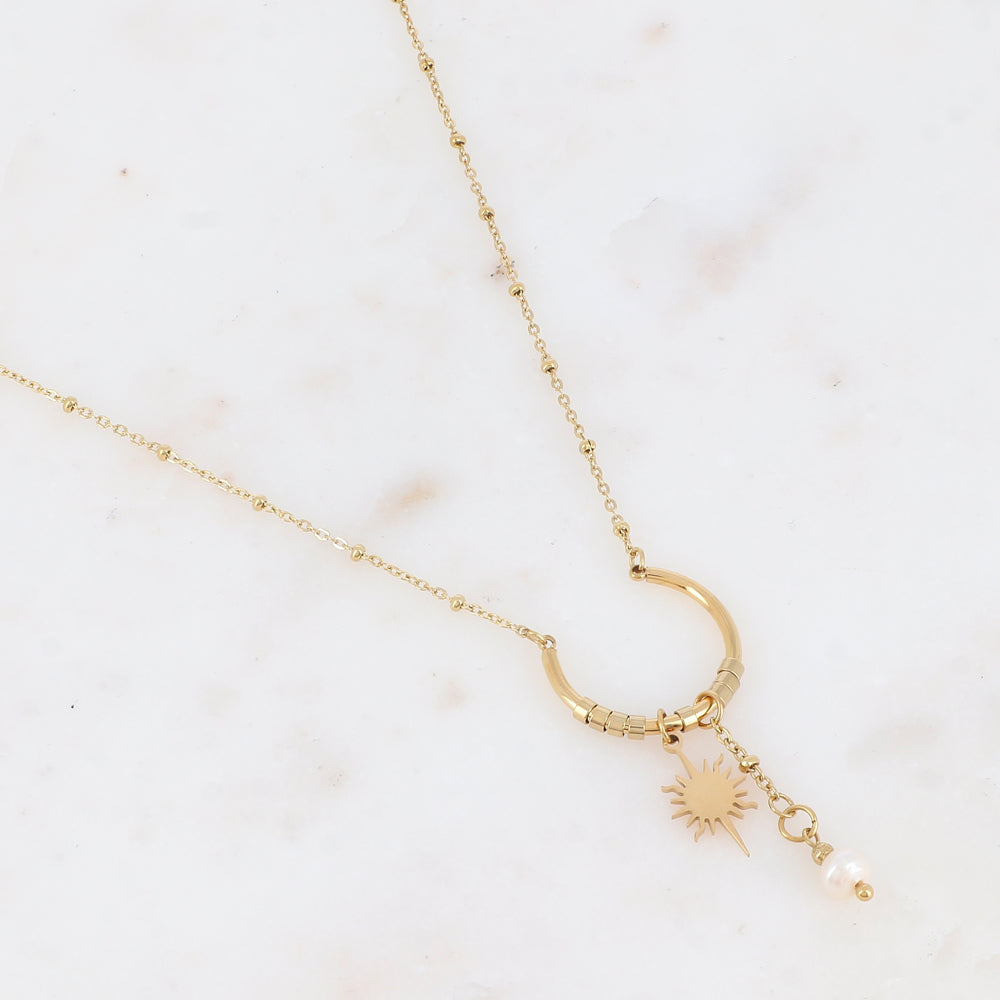 Collier avec chaîne, perle d'eau douce et soleil (45+5CM)