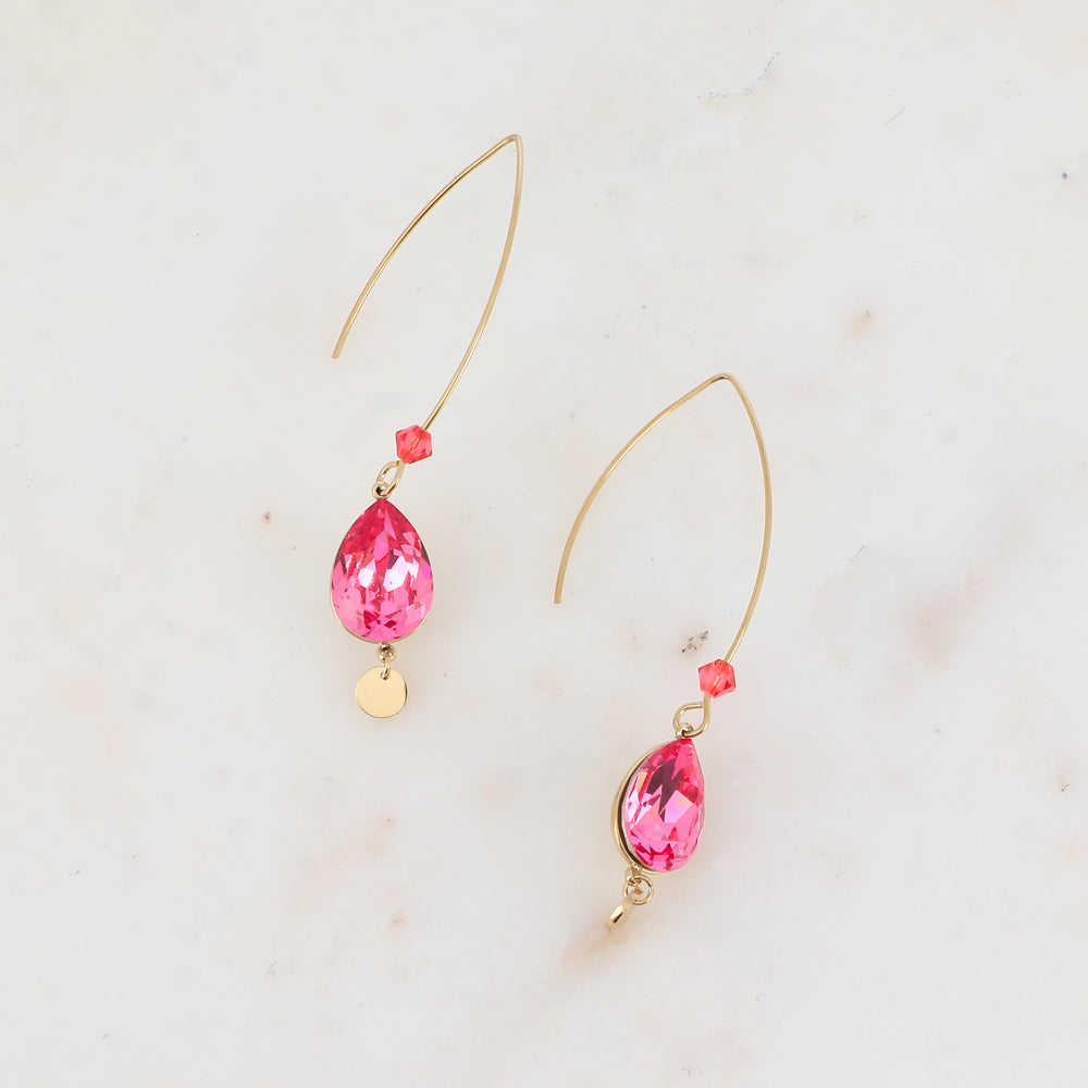 Boucles pendantes - long crochet orné de cristaux de Swarovski® goutte 10x14mm et toupie - Rose - Dimensions du cristal : 10 x 14 mm - Longueur boucle d’oreille : 40 mm