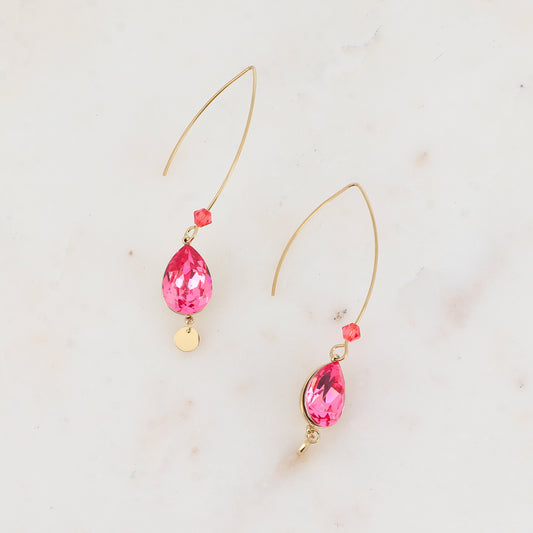 Boucles pendantes - long crochet orné de cristaux de Swarovski® goutte 10x14mm et toupie - Rose - Dimensions du cristal : 10 x 14 mm - Longueur boucle d’oreille : 40 mm