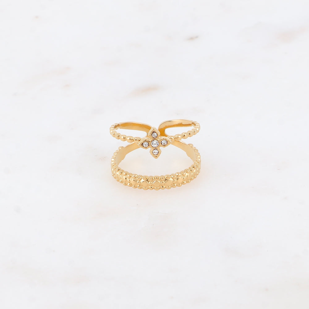 Bague - 2 rangs effet mil grain et trèfle en 4 cristaux