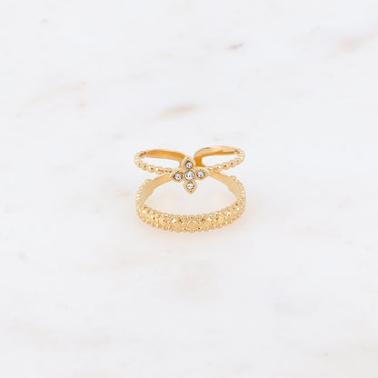 Bague - 2 rangs effet mil grain et trèfle en 4 cristaux