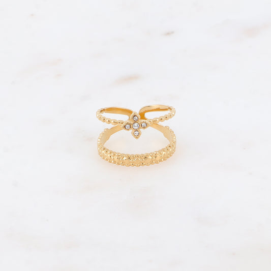 Bague - 2 rangs effet mil grain et trèfle en 4 cristaux