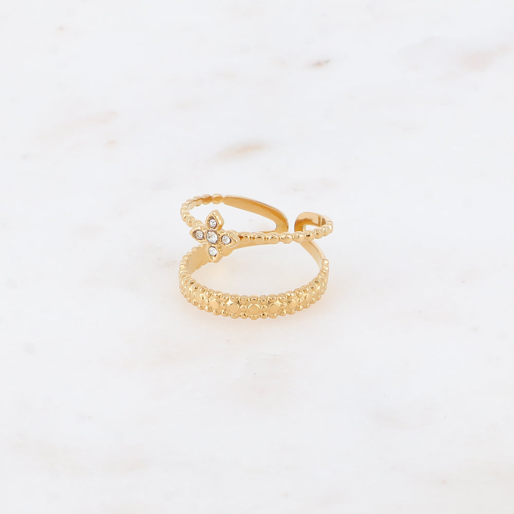 Bague - 2 rangs effet mil grain et trèfle en 4 cristaux