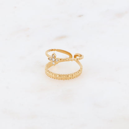 Bague - 2 rangs effet mil grain et trèfle en 4 cristaux