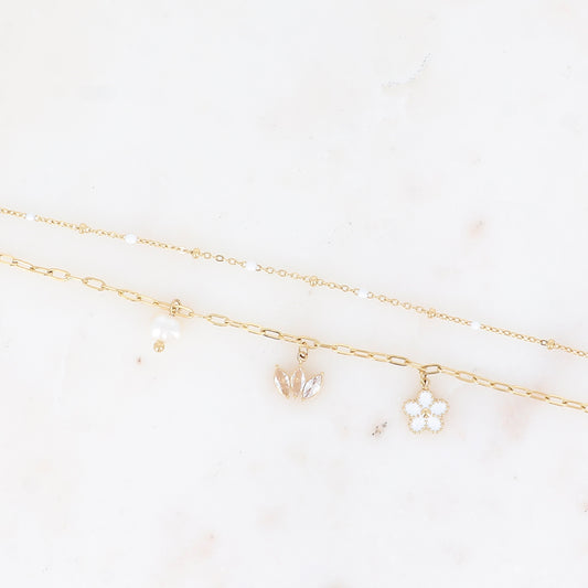 Bracelet 2 rangs - maille avec émail, anneaux ovales et 3 pendentifs (fleur, diadème de cristaux, perle d'eau douce) (16+3 cm)