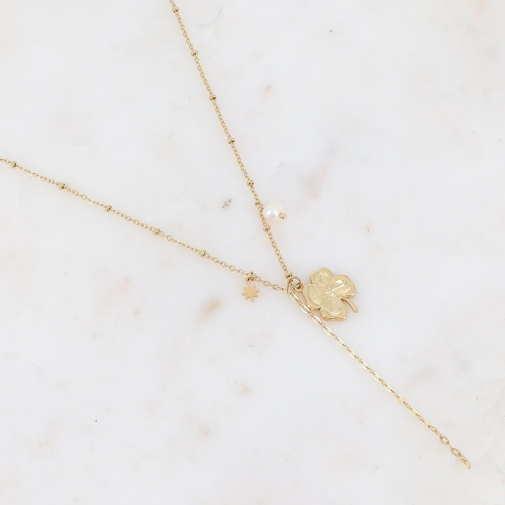 Collier avec chaîne, trèfle, étoile et perle d'eau douce (45+5CM)