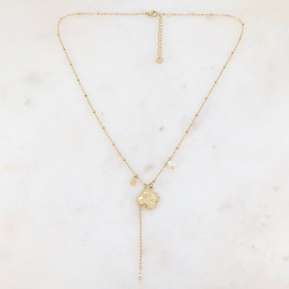 Collier avec chaîne, trèfle, étoile et perle d'eau douce (45+5CM)