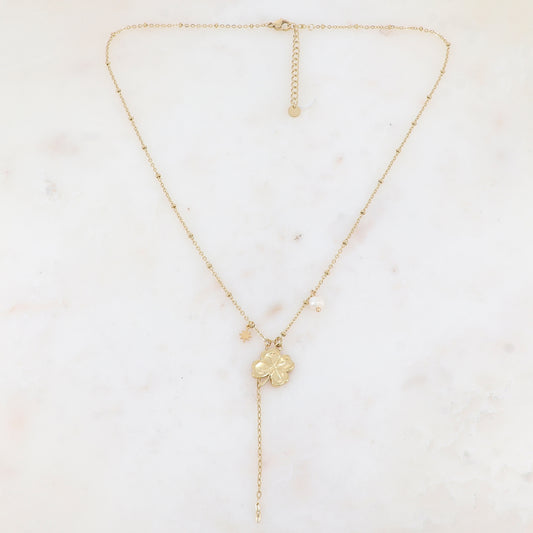 Collier avec chaîne, trèfle, étoile et perle d'eau douce (45+5CM)