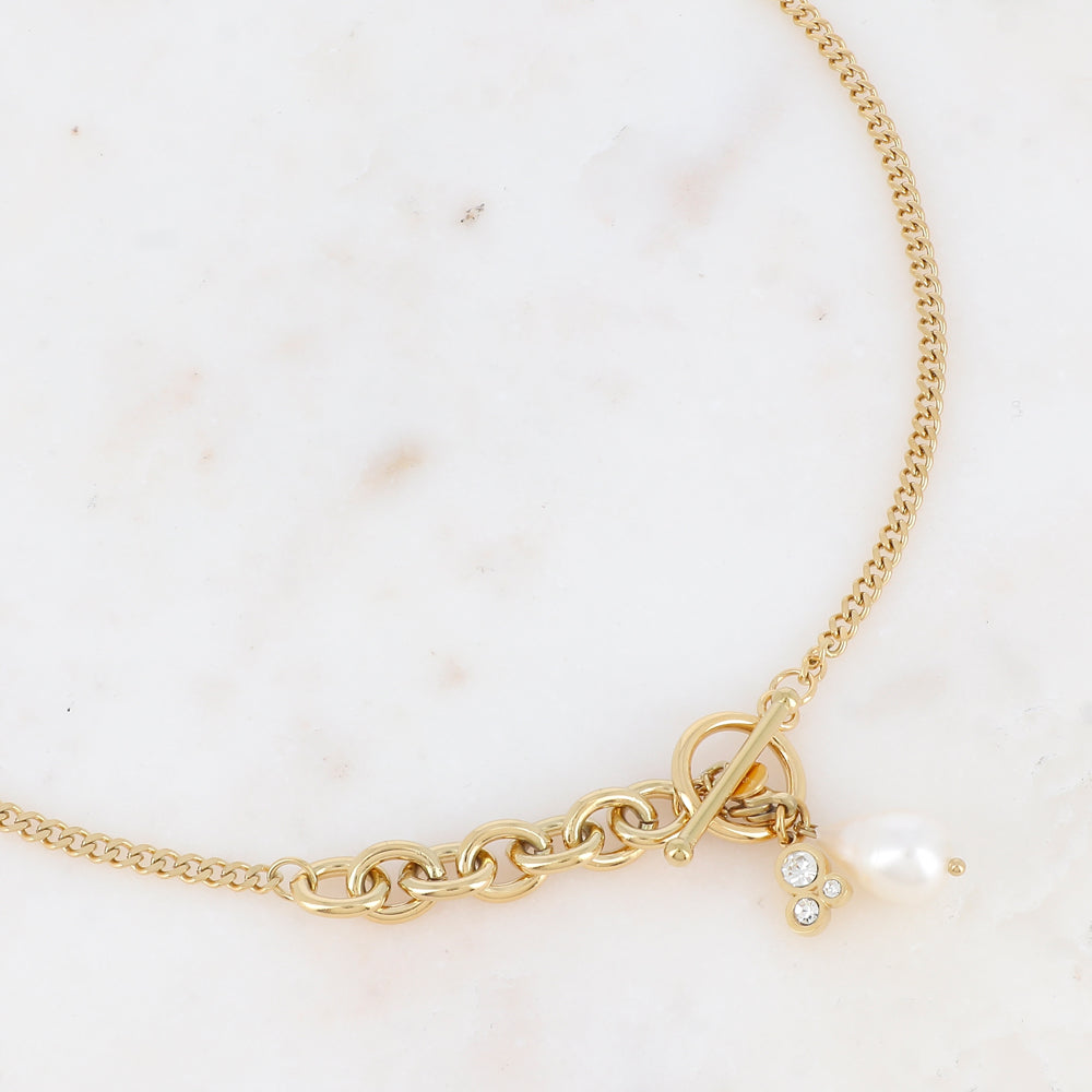 Collier en maille avec oxyde de zirconium et perle d'eau douce (46CM)