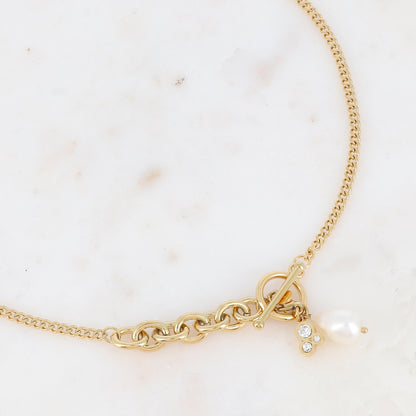 Collier en maille avec oxyde de zirconium et perle d'eau douce (46CM)