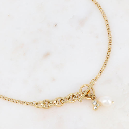 Collier en maille avec oxyde de zirconium et perle d'eau douce (46CM)