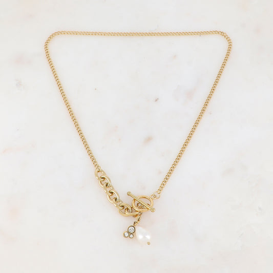 Collier en maille avec oxyde de zirconium et perle d'eau douce (46CM)
