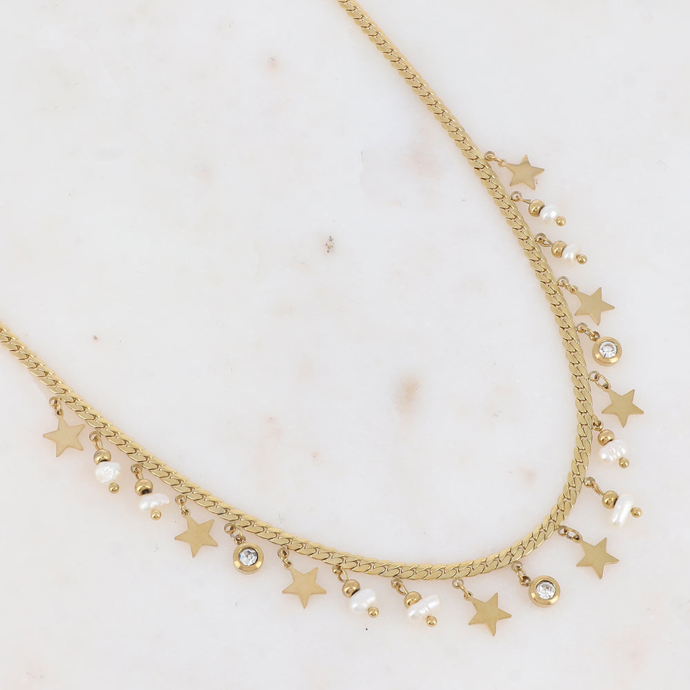 Collier en maille plate avec pampilles étoiles, oxyde de zirconium et perles d'eau douce (38+5CM)