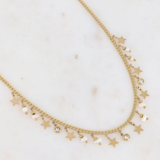 Collier en maille plate avec pampilles étoiles, oxyde de zirconium et perles d'eau douce (38+5CM)