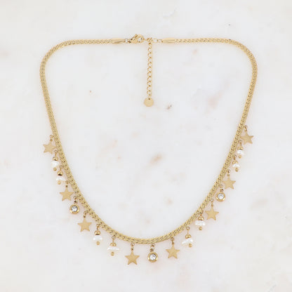 Collier en maille plate avec pampilles étoiles, oxyde de zirconium et perles d'eau douce (38+5CM)