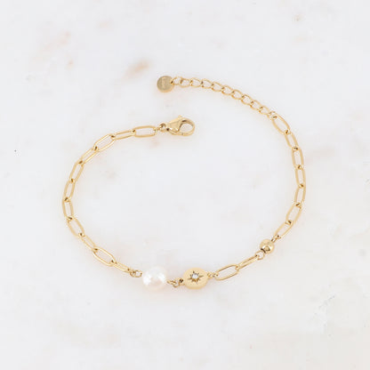 Bracelet en maille avec perle d'eau douce, strass, étoile et petite boule