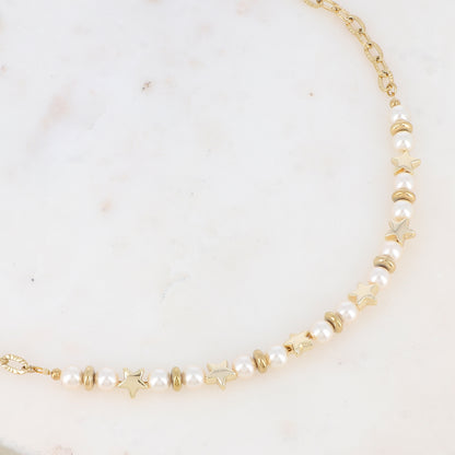 Collier en maille avec perles d'imitation et pampilles étoile (42.5+5CM)