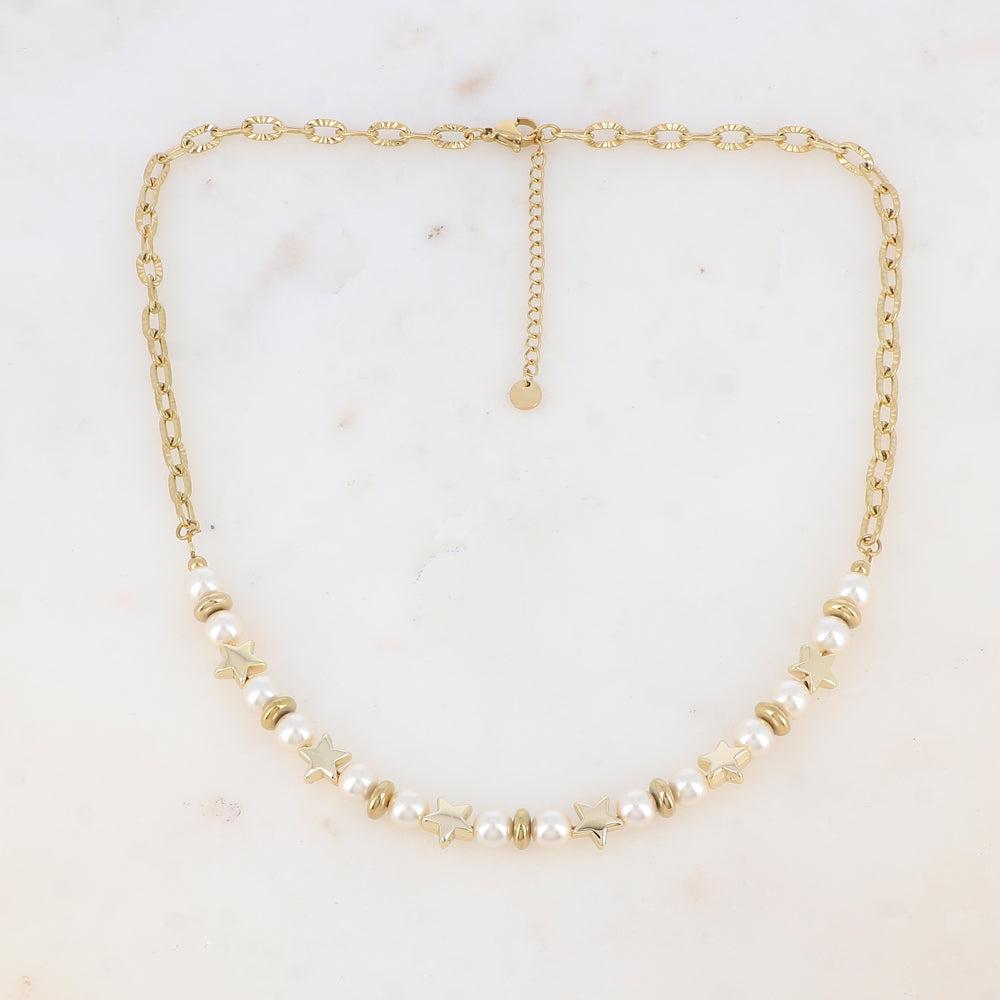 Collier en maille avec perles d'imitation et pampilles étoile (42.5+5CM)
