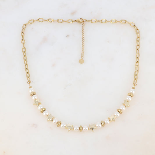 Collier en maille avec perles d'imitation et pampilles étoile (42.5+5CM)