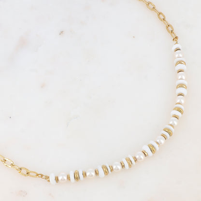 Collier en maille avec perles d'imitation et coquillages (41+5CM)