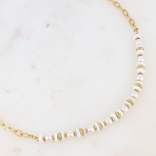 Collier en maille avec perles d'imitation et coquillages (41+5CM)
