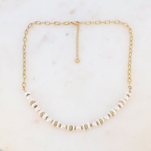 Collier en maille avec perles d'imitation et coquillages (41+5CM)