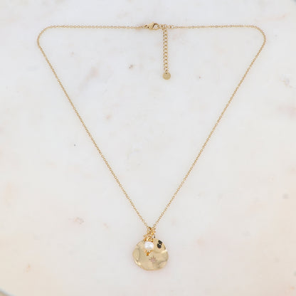 Collier avec pampille ondulée et ajourée de façon étoile, perle d'eau douce et soleil (45+5CM)