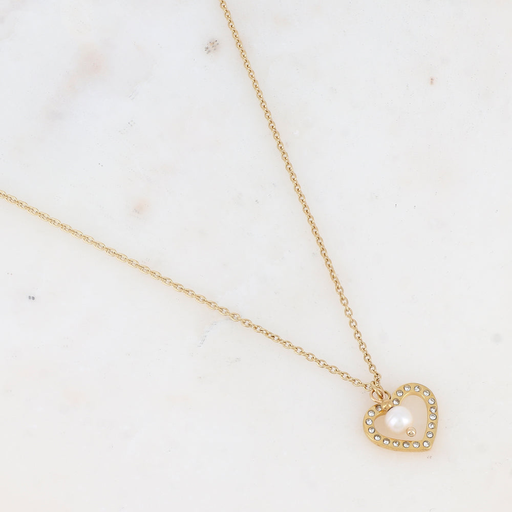 Collier avec cœur ajouré strassé et perle d'eau douce (45+5CM)
