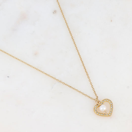 Collier avec cœur ajouré strassé et perle d'eau douce (45+5CM)