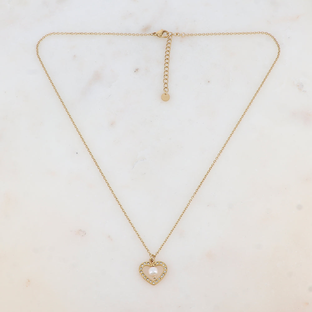 Collier avec cœur ajouré strassé et perle d'eau douce (45+5CM)