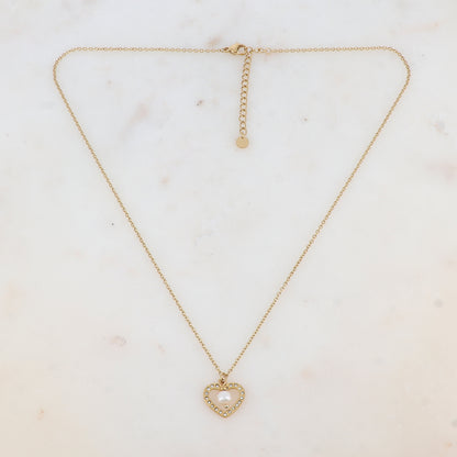 Collier avec cœur ajouré strassé et perle d'eau douce (45+5CM)
