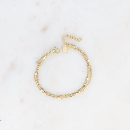 Bracelet 3 rangs - anneau avec maille grain de café émaillée blanche, forçat et tubes et miroir (15+3 cm)