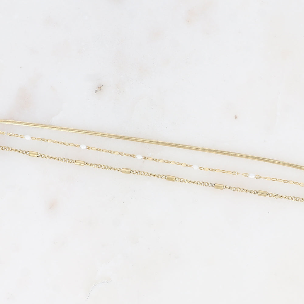 Bracelet 3 rangs - anneau avec maille grain de café émaillée blanche, forçat et tubes et miroir (15+3 cm)