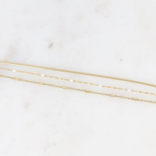 Bracelet 3 rangs - anneau avec maille grain de café émaillée blanche, forçat et tubes et miroir (15+3 cm)