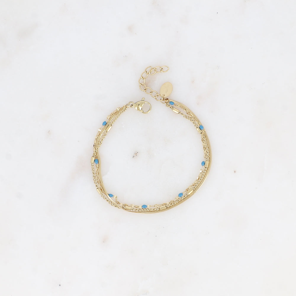 Bracelet 3 rangs - anneau avec maille grain de café émaillée bleue, forçat et tubes et miroir (15+3 cm)