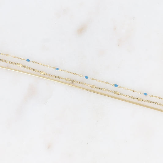 Bracelet 3 rangs - anneau avec maille grain de café émaillée bleue, forçat et tubes et miroir (15+3 cm)