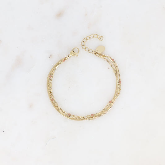 Bracelet 3 rangs - anneau avec maille grain de café émaillée marron, forçat et tubes et miroir (15+3 cm)