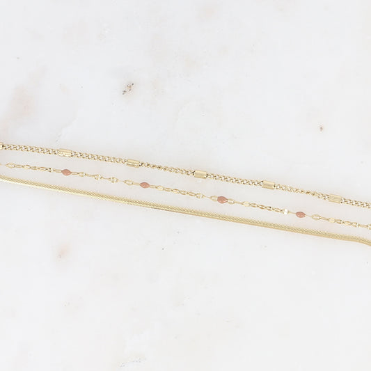 Bracelet 3 rangs - anneau avec maille grain de café émaillée marron, forçat et tubes et miroir (15+3 cm)