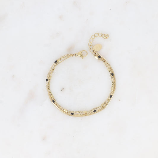 Bracelet 3 rangs - anneau avec maille grain de café émaillée noire, forçat et tubes et miroir (15+3 cm)