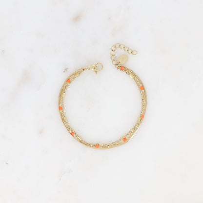 Bracelet 3 rangs - anneau avec maille grain de café émaillée orange, forçat et tubes et miroir (15+3 cm)